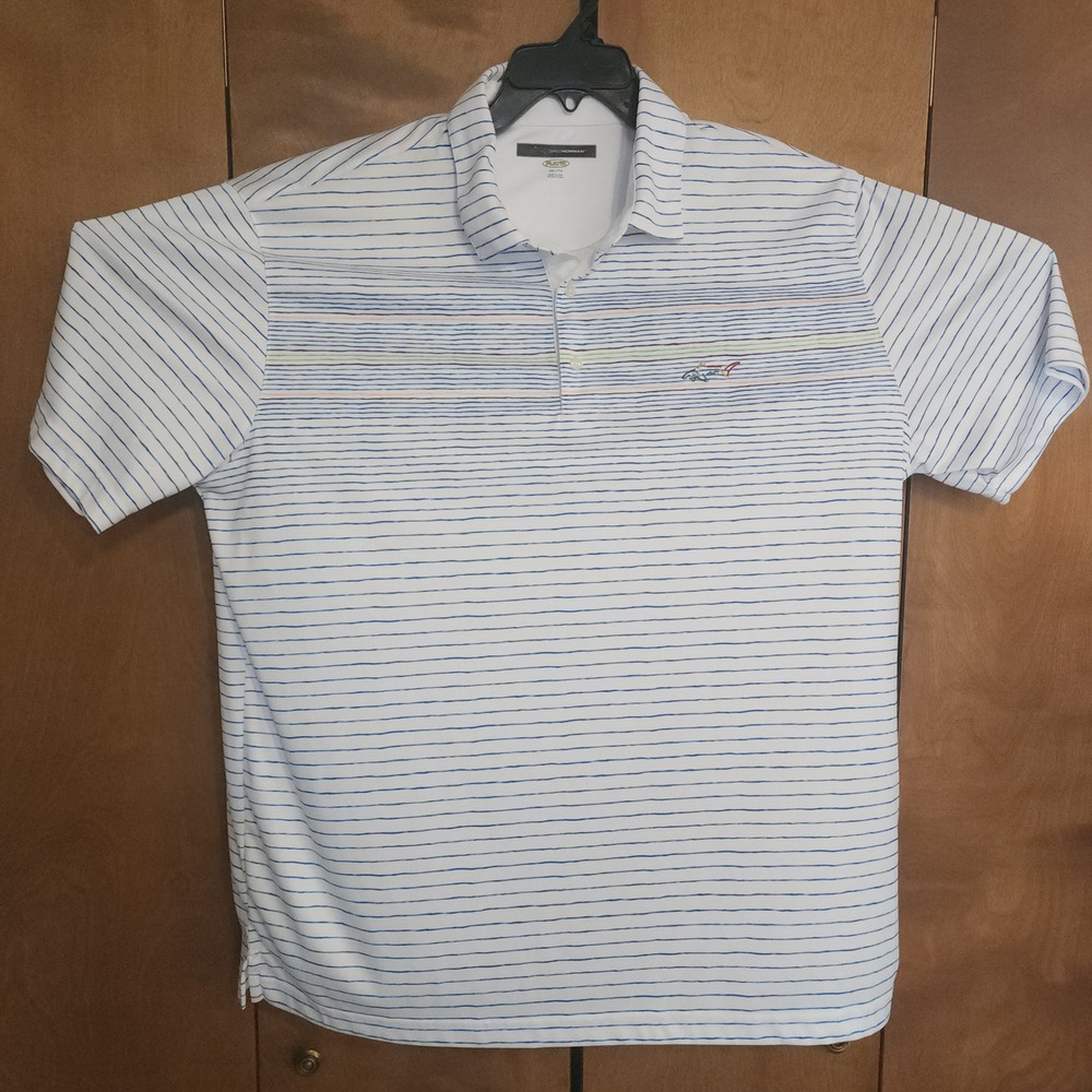 C86 Greg Norman‎ Mens Polo Shirt XXL Short Sleeve Striped Golf White Blue
